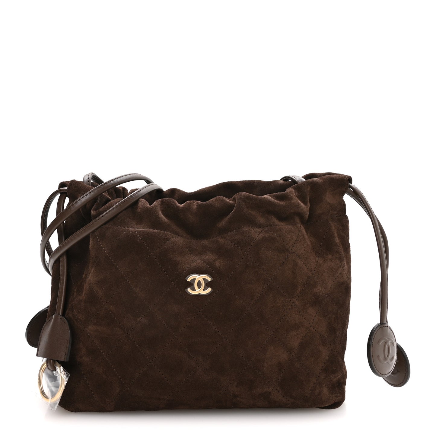 Suede Quilted Drawstring Clutch With Strap Brown