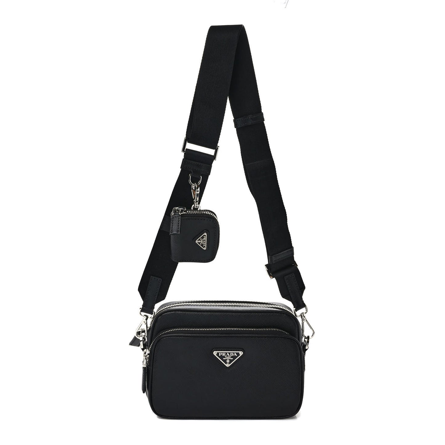 Saffiano Travel Pocket Double Zip Shoulder Bag Black