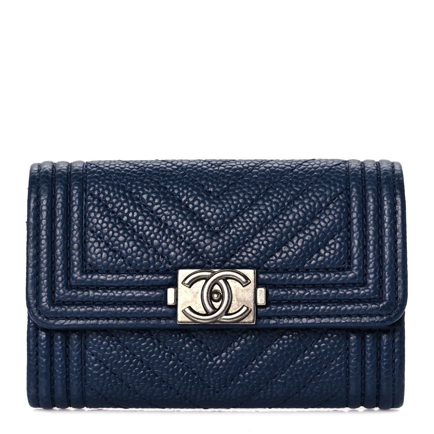 Chanel Caviar Chevron Quilted Boy Card Holder Wallet Navy 1 of 9