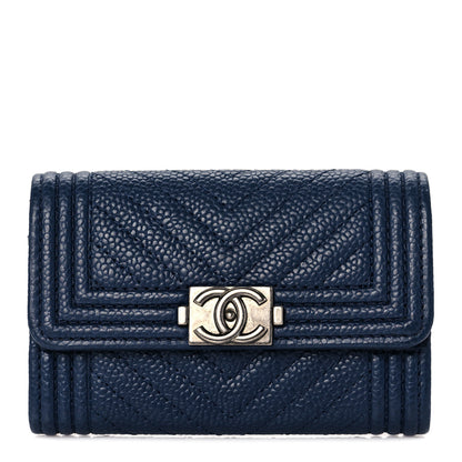 Chanel Caviar Chevron Quilted Boy Card Holder Wallet Navy 1 of 9