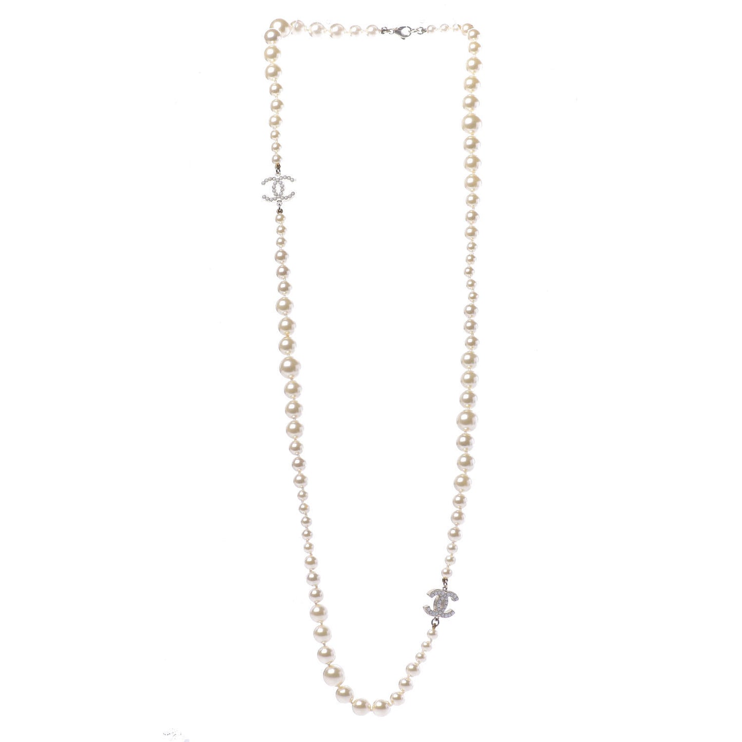 Graduated Pearl CC Long Necklace Silver