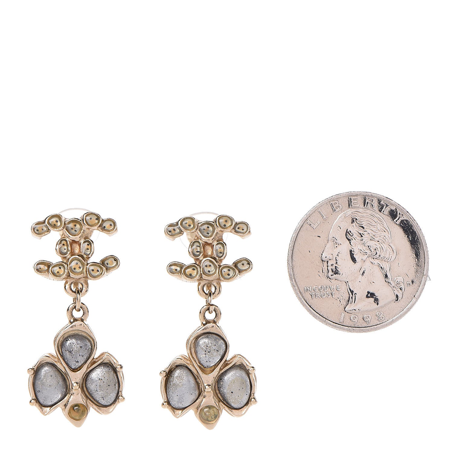 Chanel Resin CC Drop Clip On Earrings Grey Gold 2 of 4