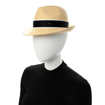 Chanel Straw Grosgrain Ribbon Fedora Hat S Beige Black 2 of 8