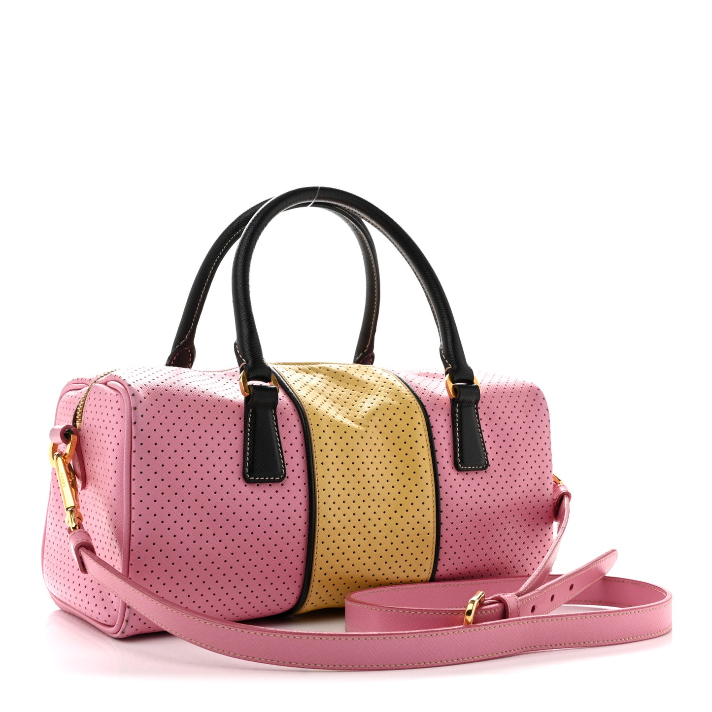Saffiano Perforated Striped Shoulder Bag Pink Yellow Black