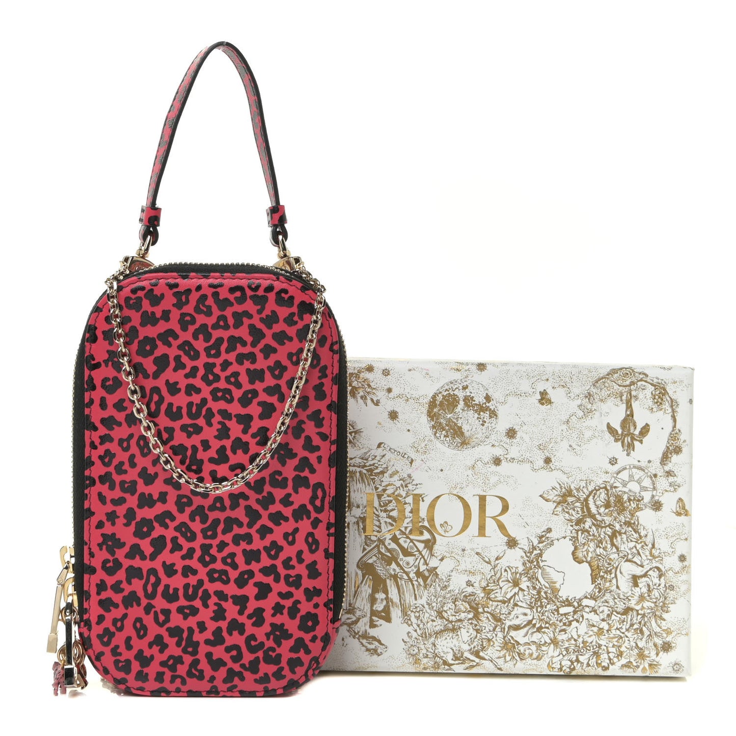 Calfskin Leopard Print Phone Holder Pink Black