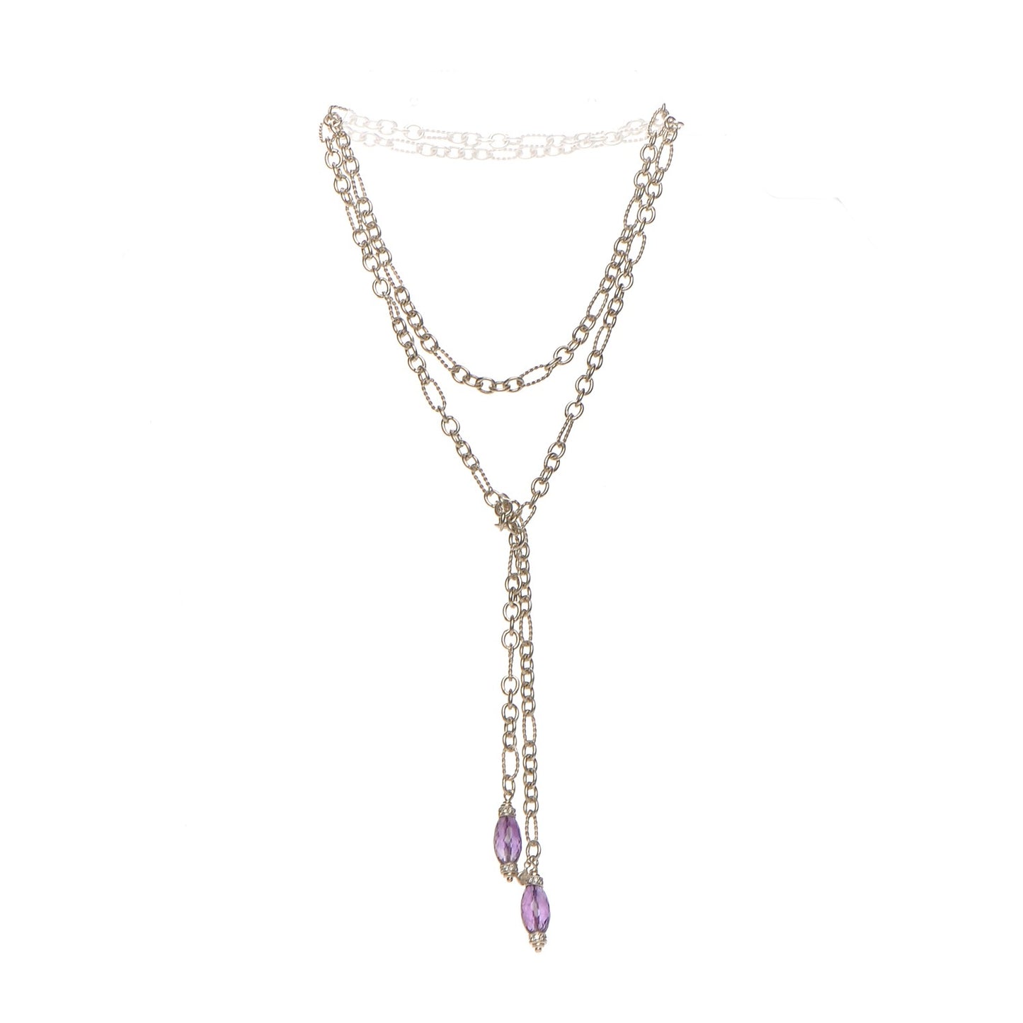Sterling Silver Diamond Amethyst Figaro Lariat Necklace