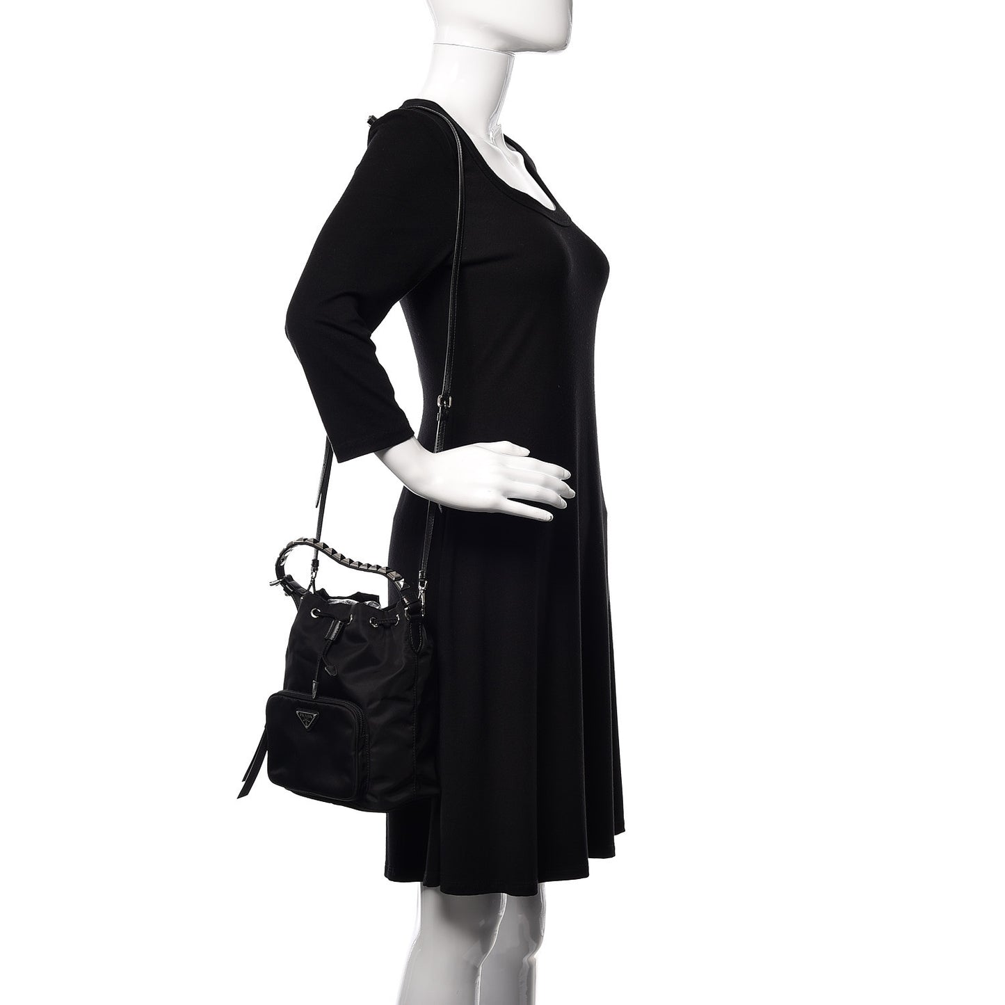 Tessuto Nylon Studded New Vela Mini Bucket Crossbody Bag Black