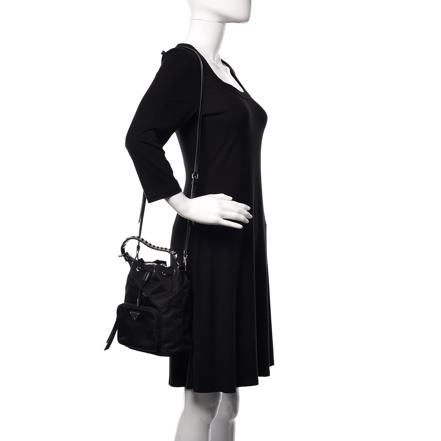 Prada Tessuto Nylon Studded New Vela Mini Bucket Crossbody Bag Black 2 of 9