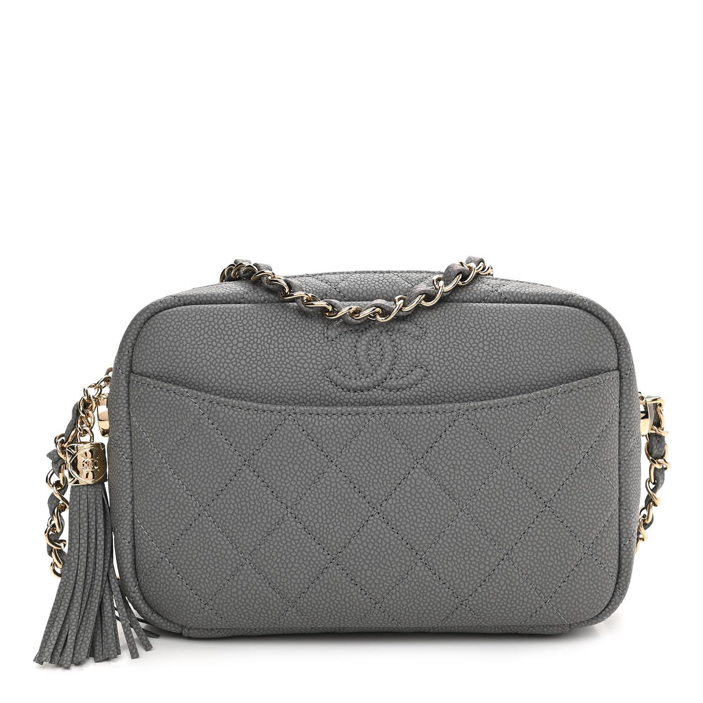 Iridescent Caviar Flat Quilted Small Coco Tassel Camera Case Grey