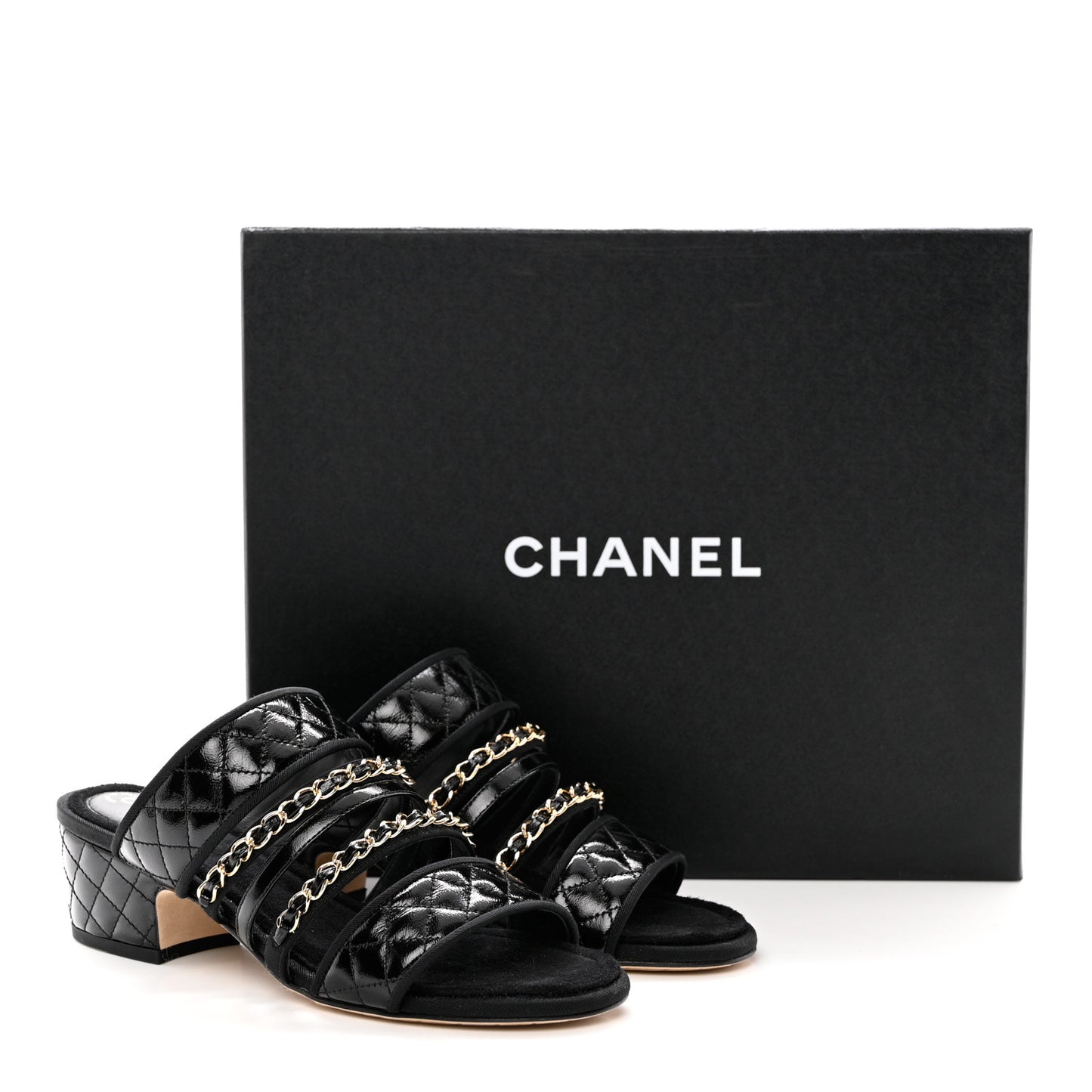Distressed Patent Quilted Chain Mule Sandals 36 Black