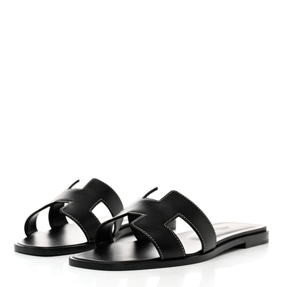 Hermes Box Calfskin Oran Sandals 37.5 Black 3 of 9