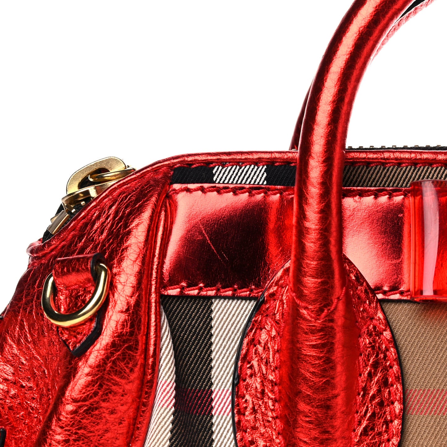 Prorsum Metallic Calfskin House Check Small Blaze Satchel Cadmium Red