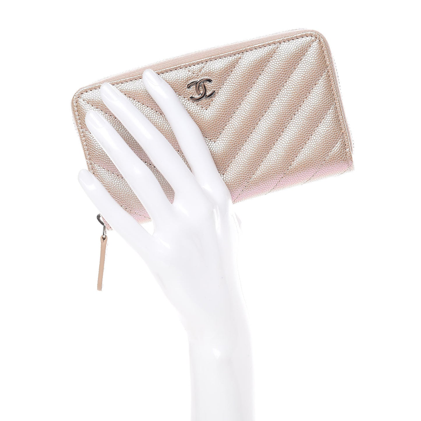 Metallic Caviar Chevron Quilted Small Zip Around Wallet Light Gold