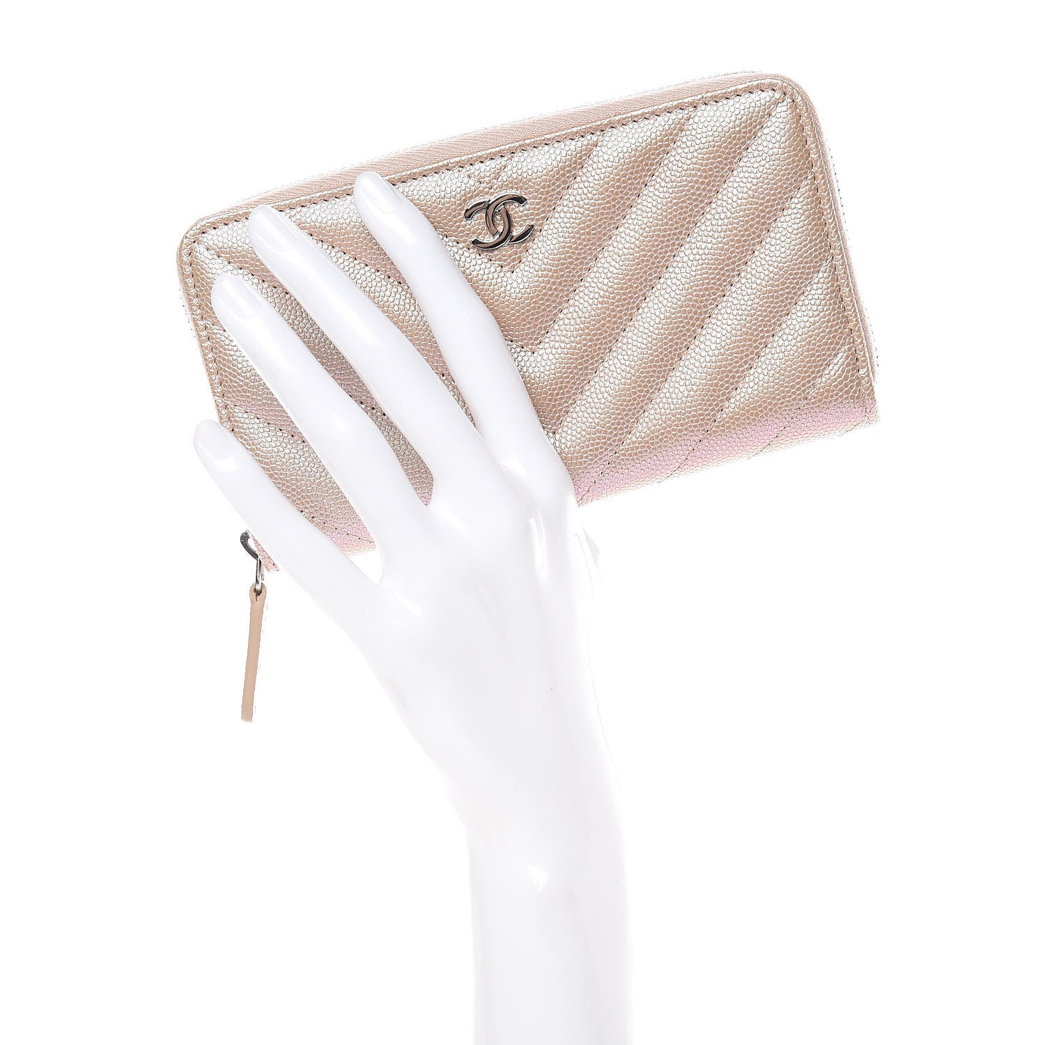 Chanel Metallic Caviar Chevron Quilted Small Zip Around Wallet Light Gold 2 of 11