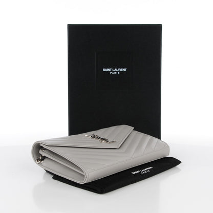 Saint Laurent Grain De Poudre Matelasse Chevron Monogram Chain Wallet Light Grey 4 of 9