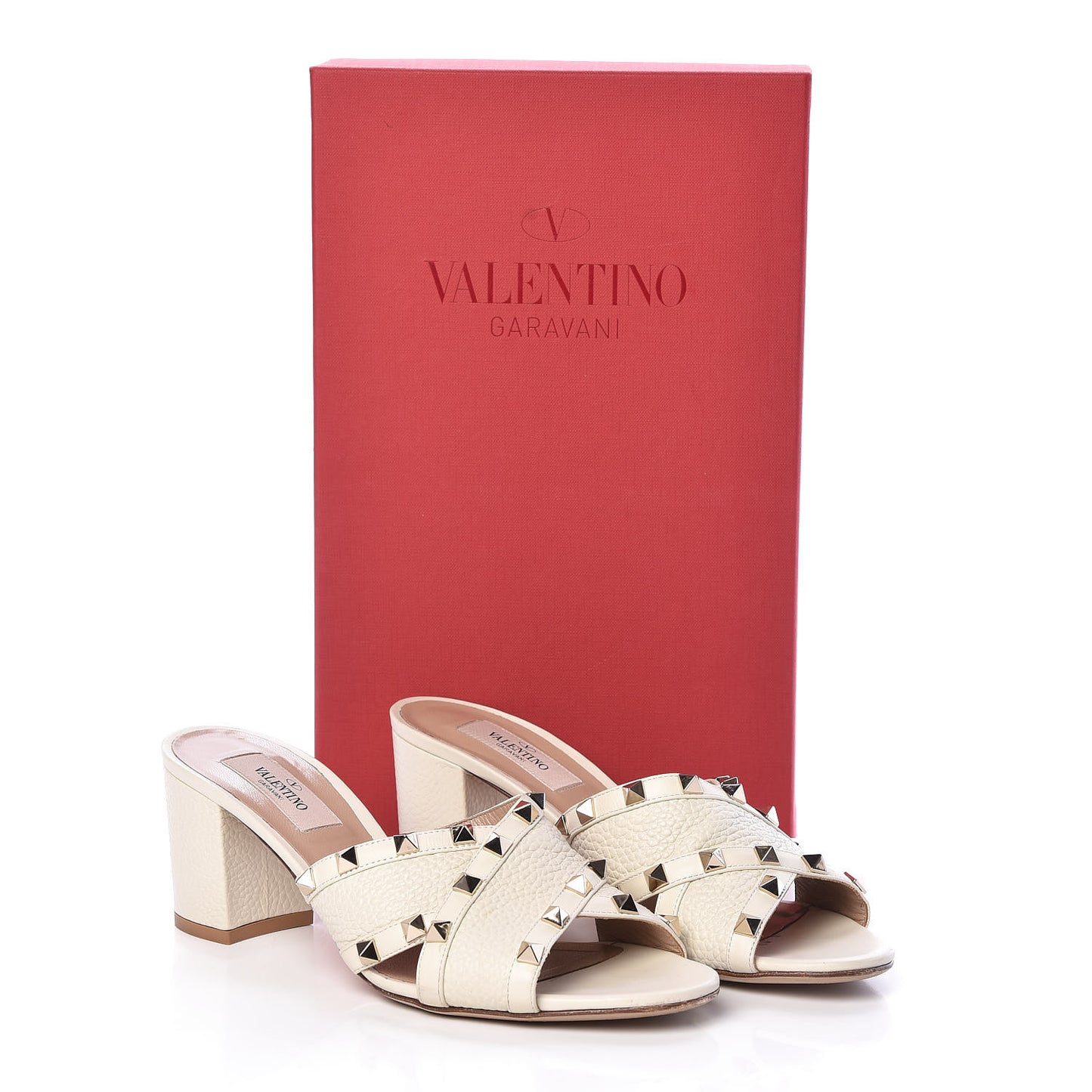 Pebbled Calfskin Rockstud Crisscross Slide 60mm Sandals 38 Light Ivory
