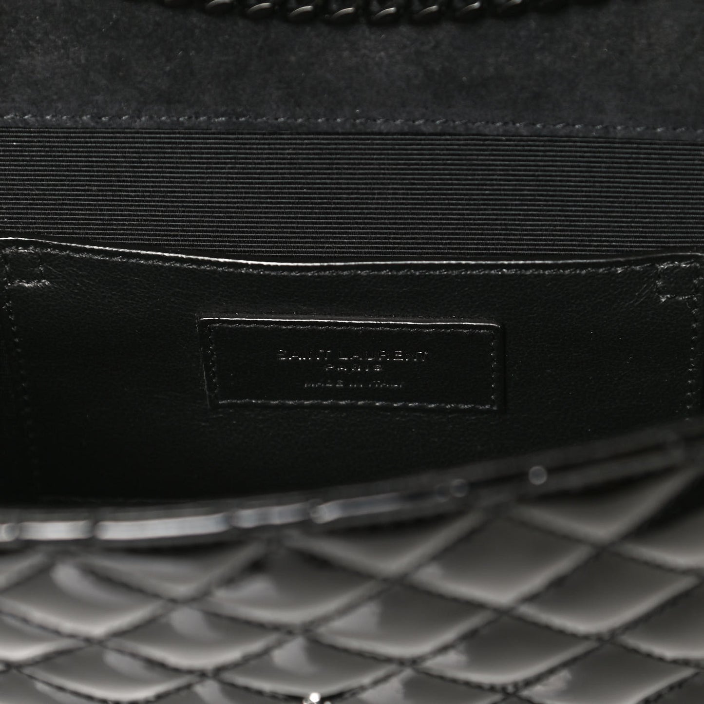 Patent Mixed Matelasse Triquilt Small Monogram Satchel Black