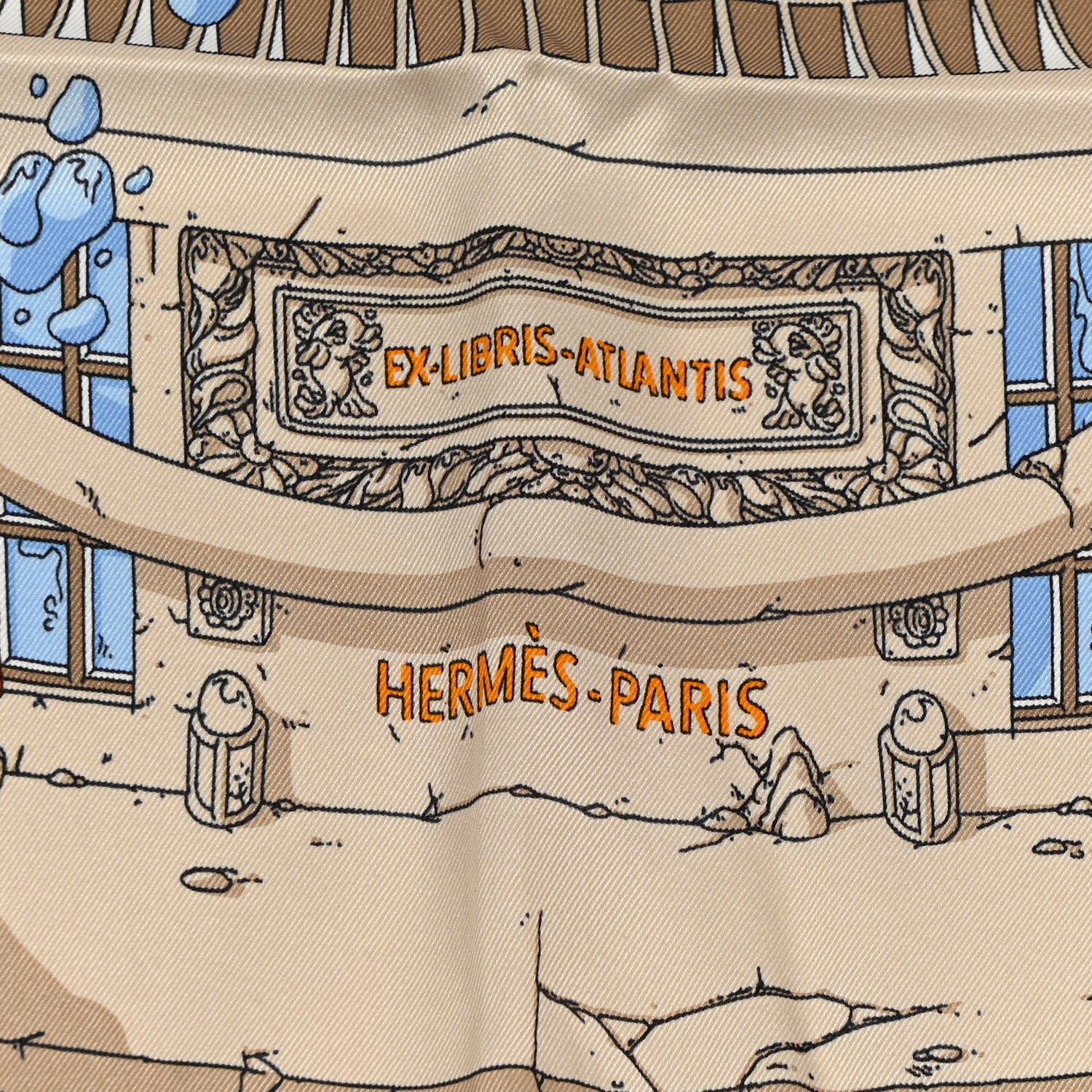 Hermes Vintage Silk Ex Libris Atlantis Scarf 70 Ciel Orange Mastic