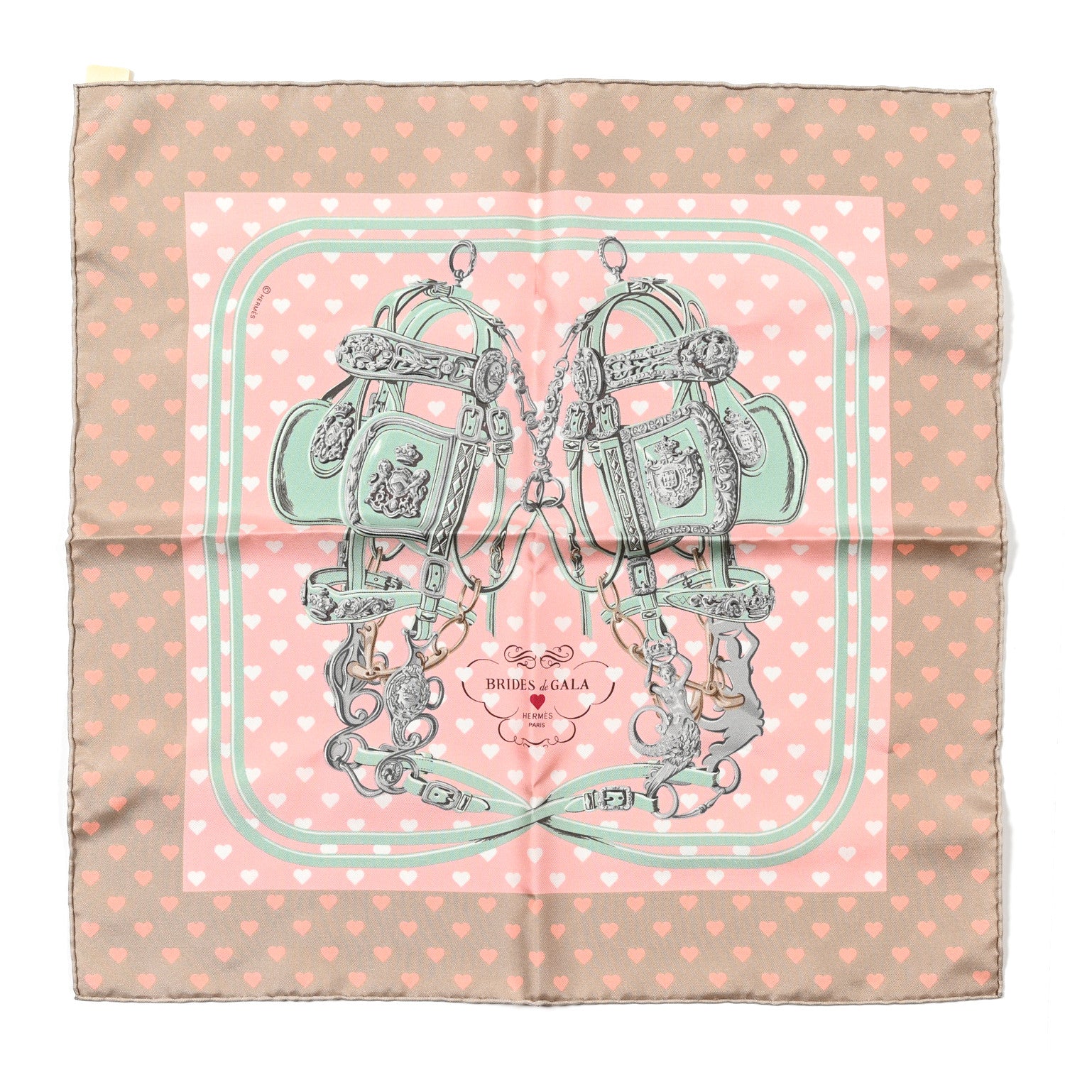 Hermes Silk Brides De Gala Love Pocket Square Beige Rose Dragee Vert Amande 1 of 4