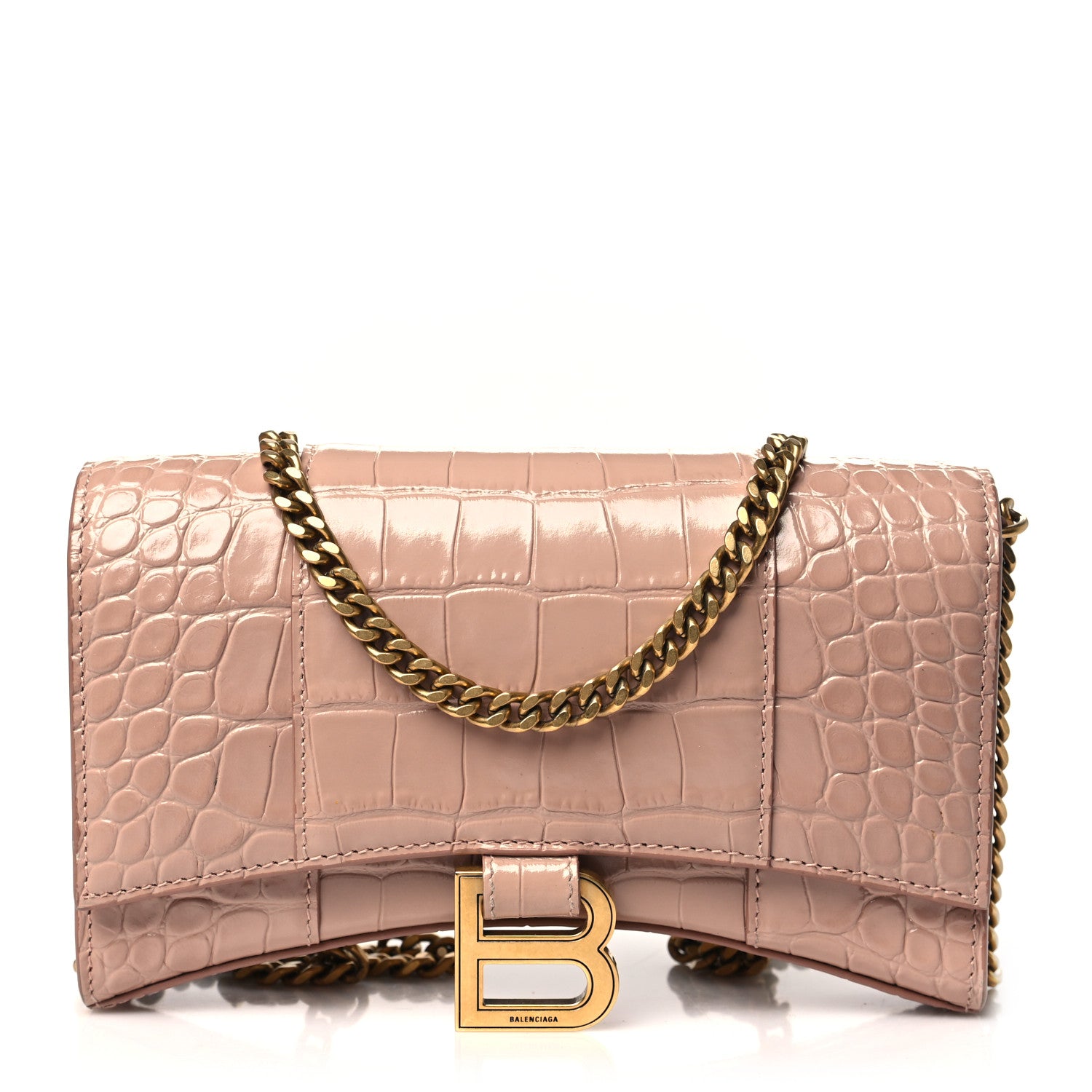 Balenciaga Shiny Calfskin Crocodile Embossed Hourglass Chain Bag Nude Beige 1 of 13