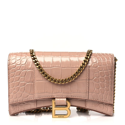 Balenciaga Shiny Calfskin Crocodile Embossed Hourglass Chain Bag Nude Beige 1 of 13