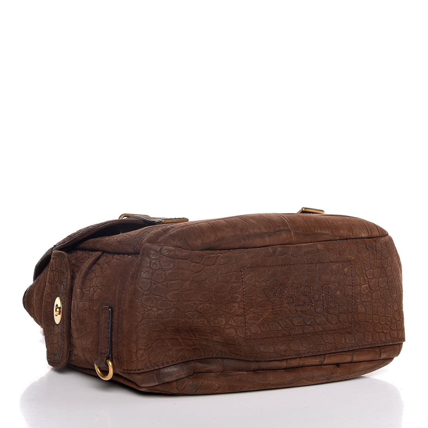 Crocodile Embossed Nubuck Besace Shoulder Bag Brown Sand