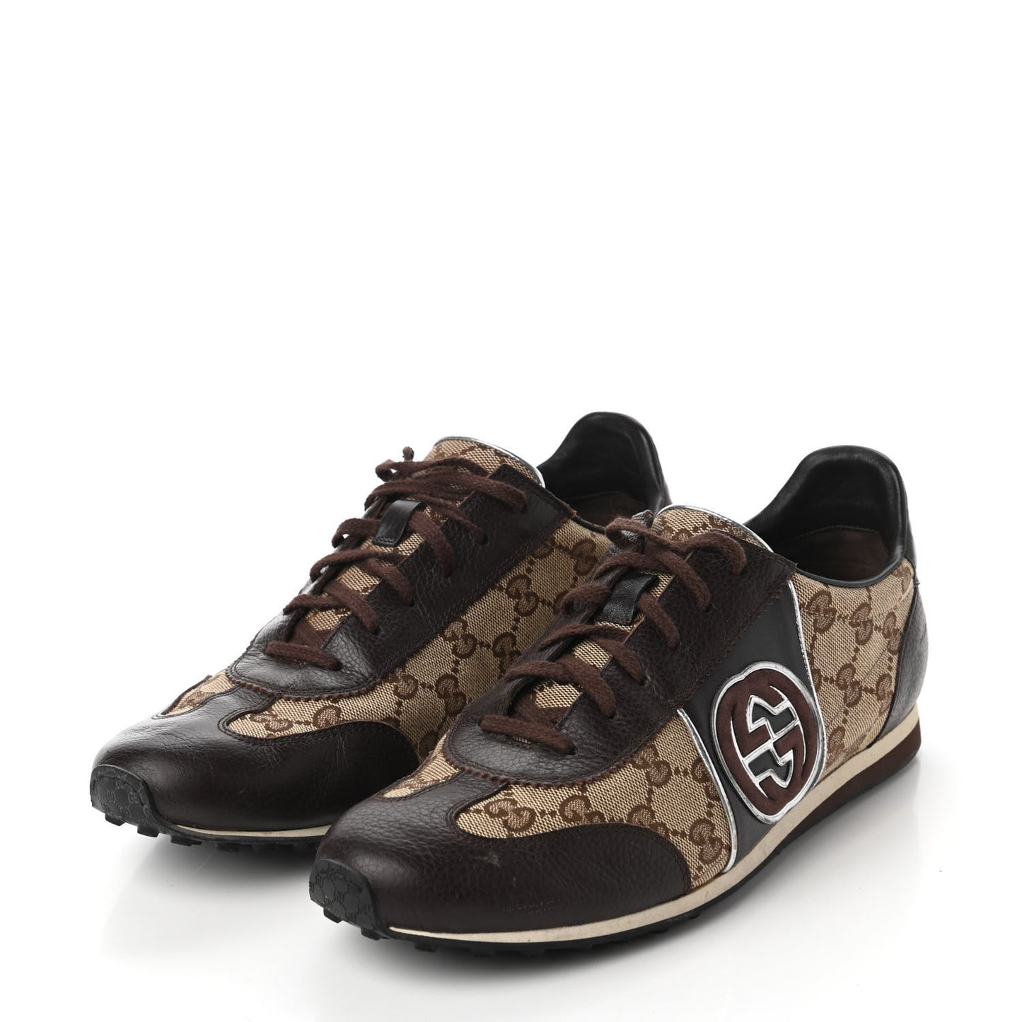 GG Monogram Calfskin Mens Interlocking G Sneakers 8 Dark Brown