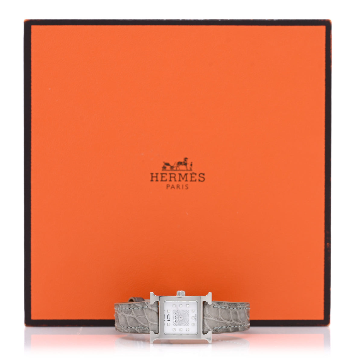 Stainless Steel Alligator Diamond Mother of Pearl 17.2mm Heure H Hour Quartz Watch Gris Perle