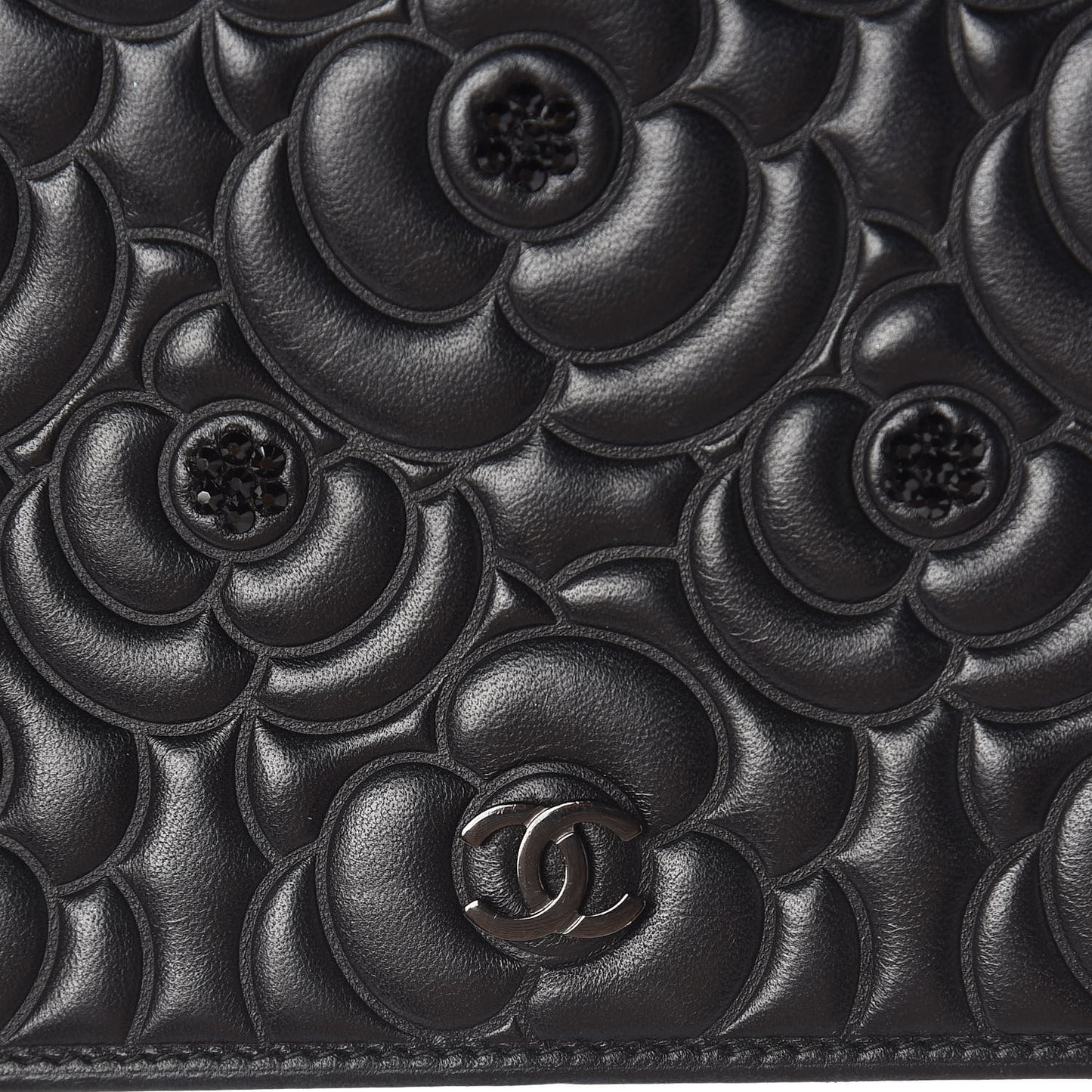 Lambskin Camellia Crystal Wallet on Chain WOC Black