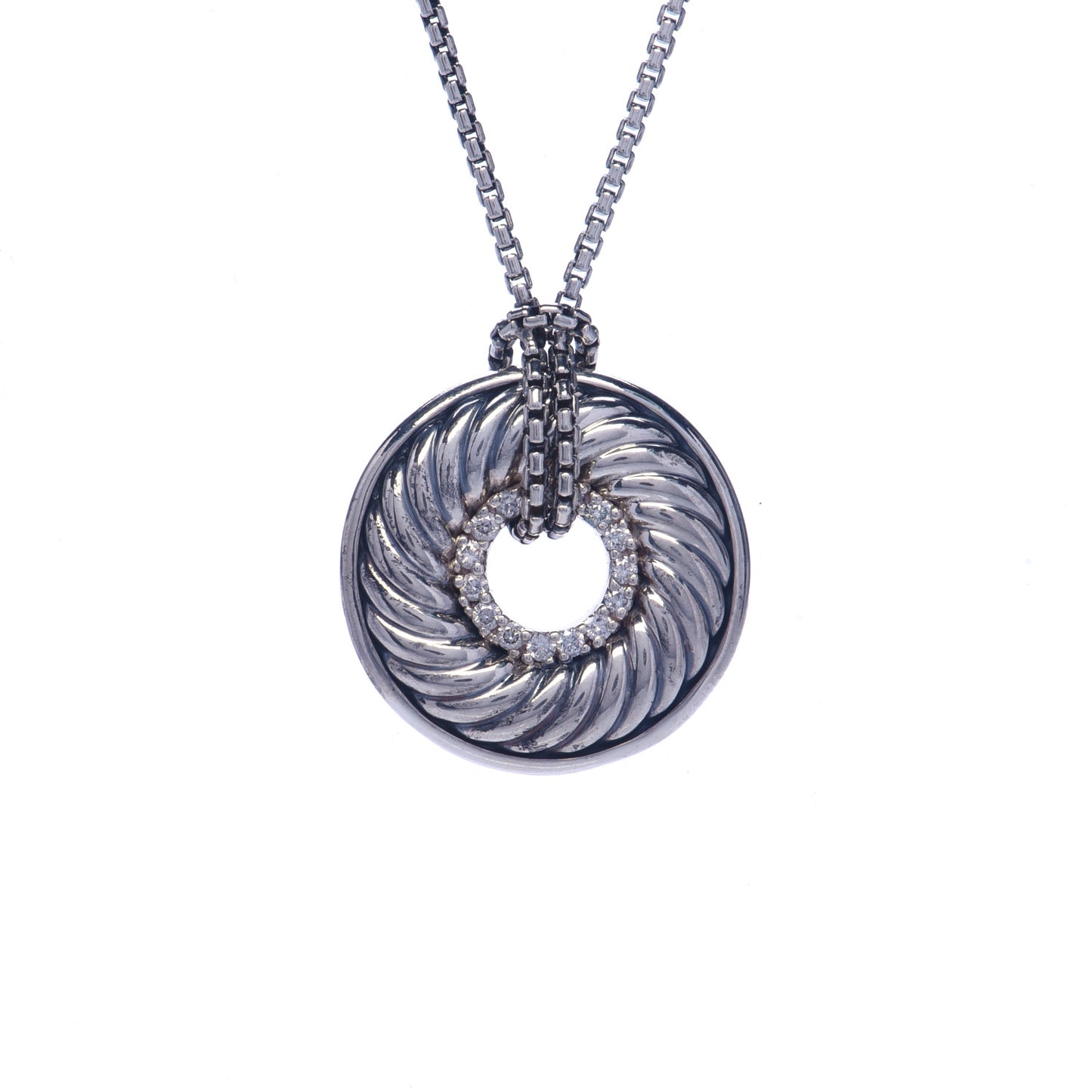 Sterling Silver Diamond Sculpted Cable Disc Necklace