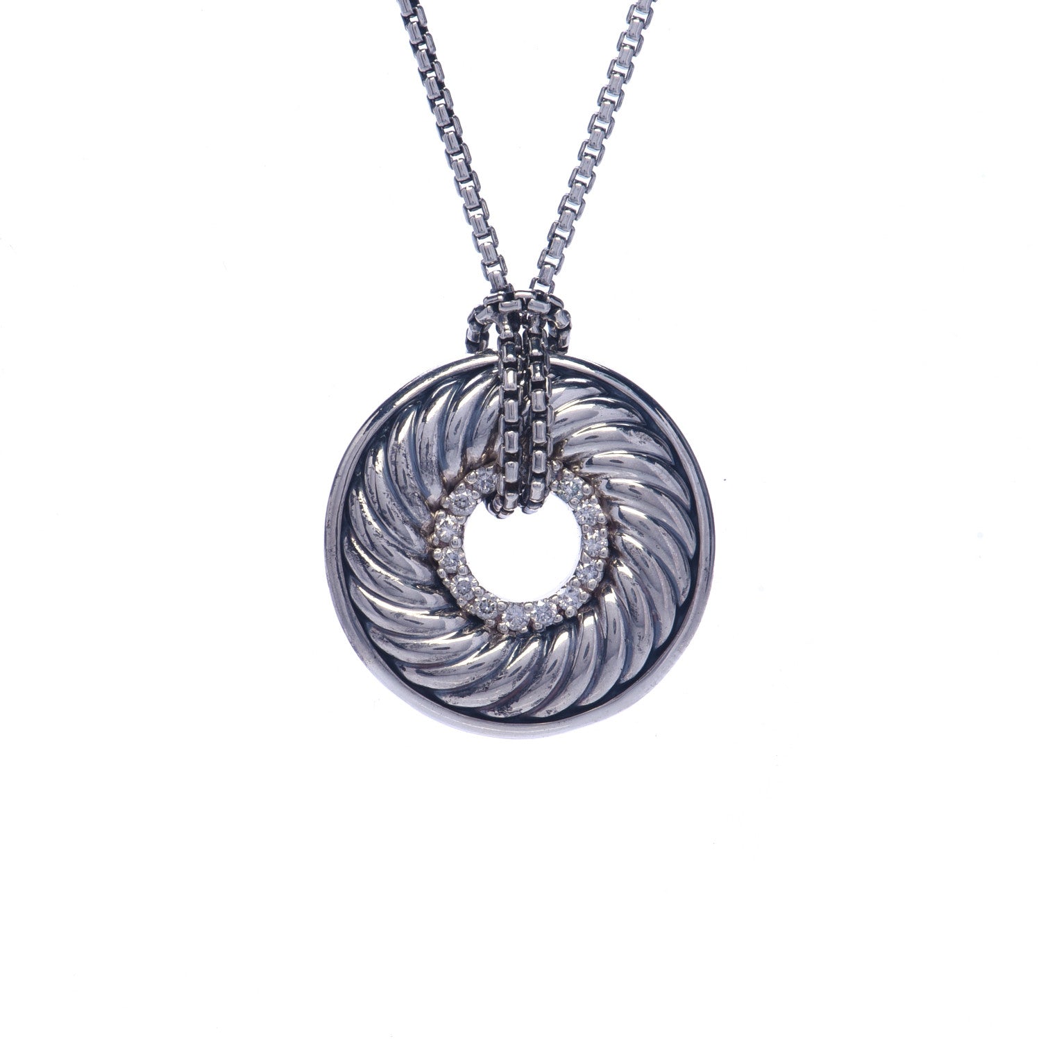 David Yurman Sterling Silver Diamond Sculpted Cable Disc Necklace 4 of 6