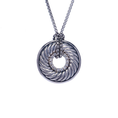 David Yurman Sterling Silver Diamond Sculpted Cable Disc Necklace 4 of 6