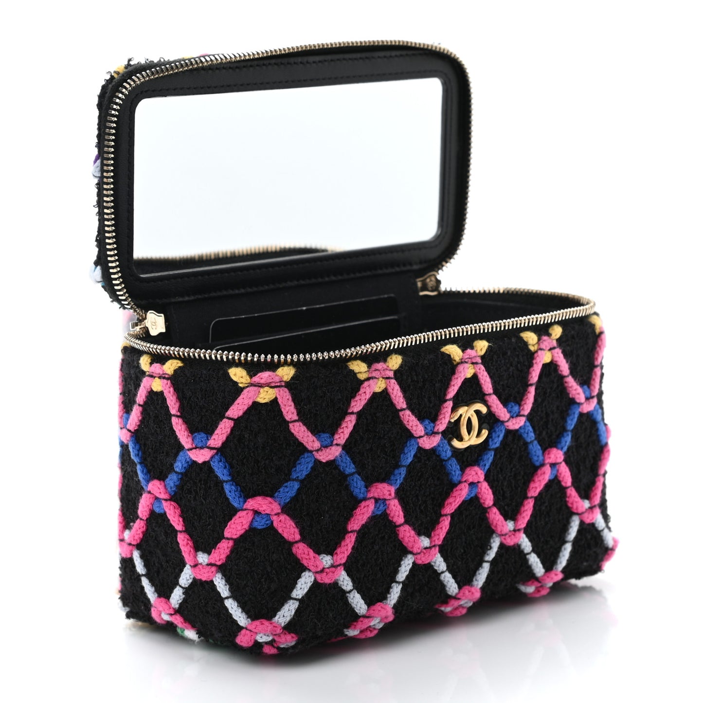 Tweed Diamond Threaded CC Pearl Crush Small Vanity Case With Chain Black Multicolor