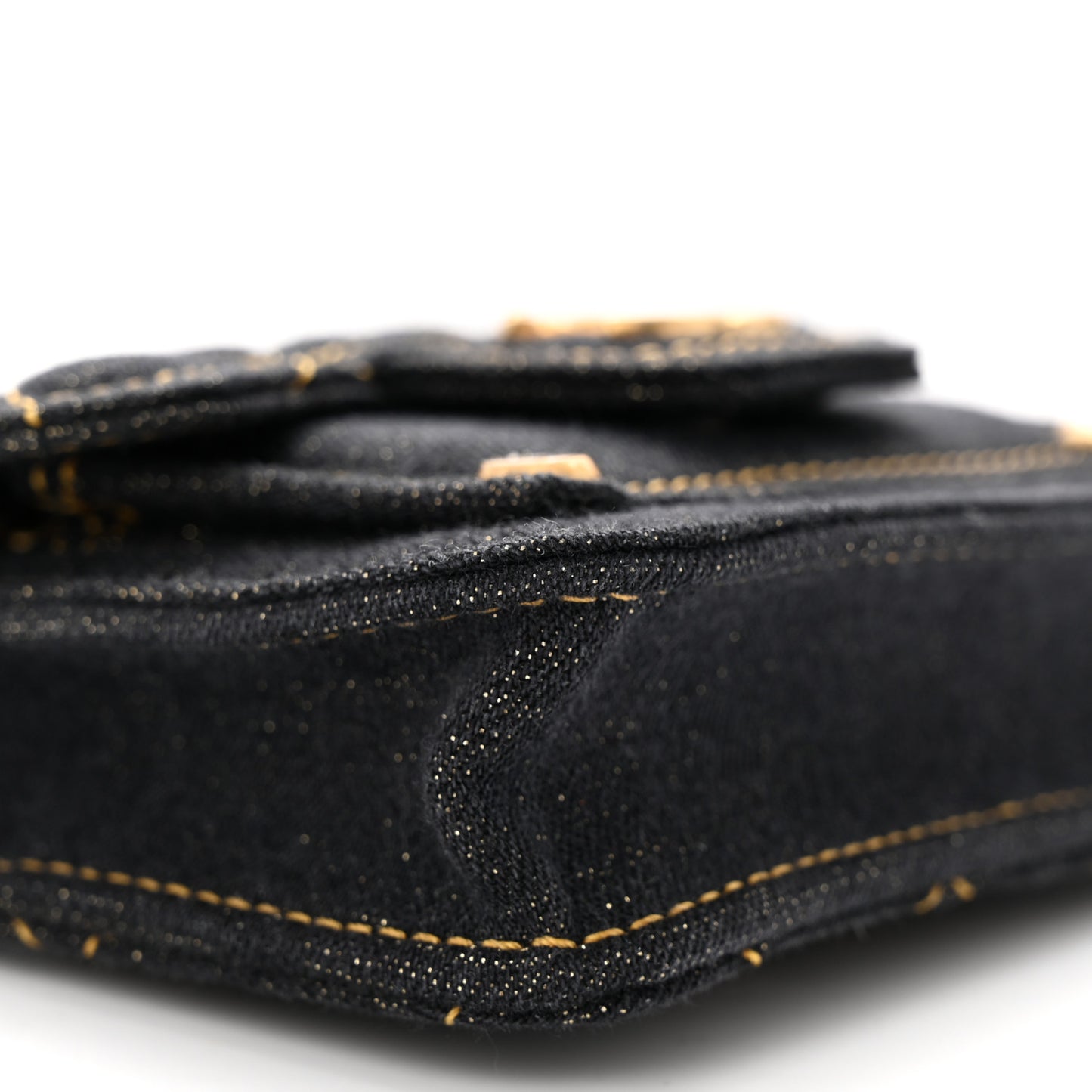 Denim Quilted Double You Card Holder On Chain Black Golden