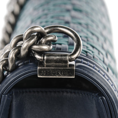 Chanel Calfskin Woven Medium Boy Flap Navy Green 5 of 9
