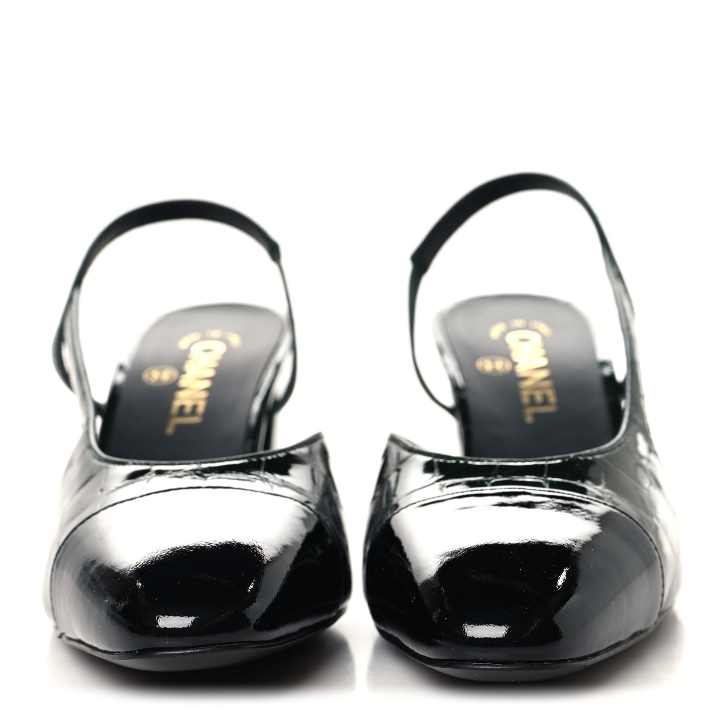 Patent Calfskin Crocodile Embossed Cap Toe CC Slingback Pumps 36 Burgundy Black 37.5 Dark Green Black 40 Dark Green Black