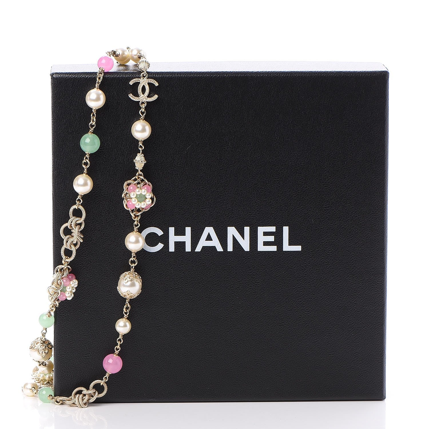 Chanel Pearl Beaded CC Long Necklace Pink Green 7 of 7