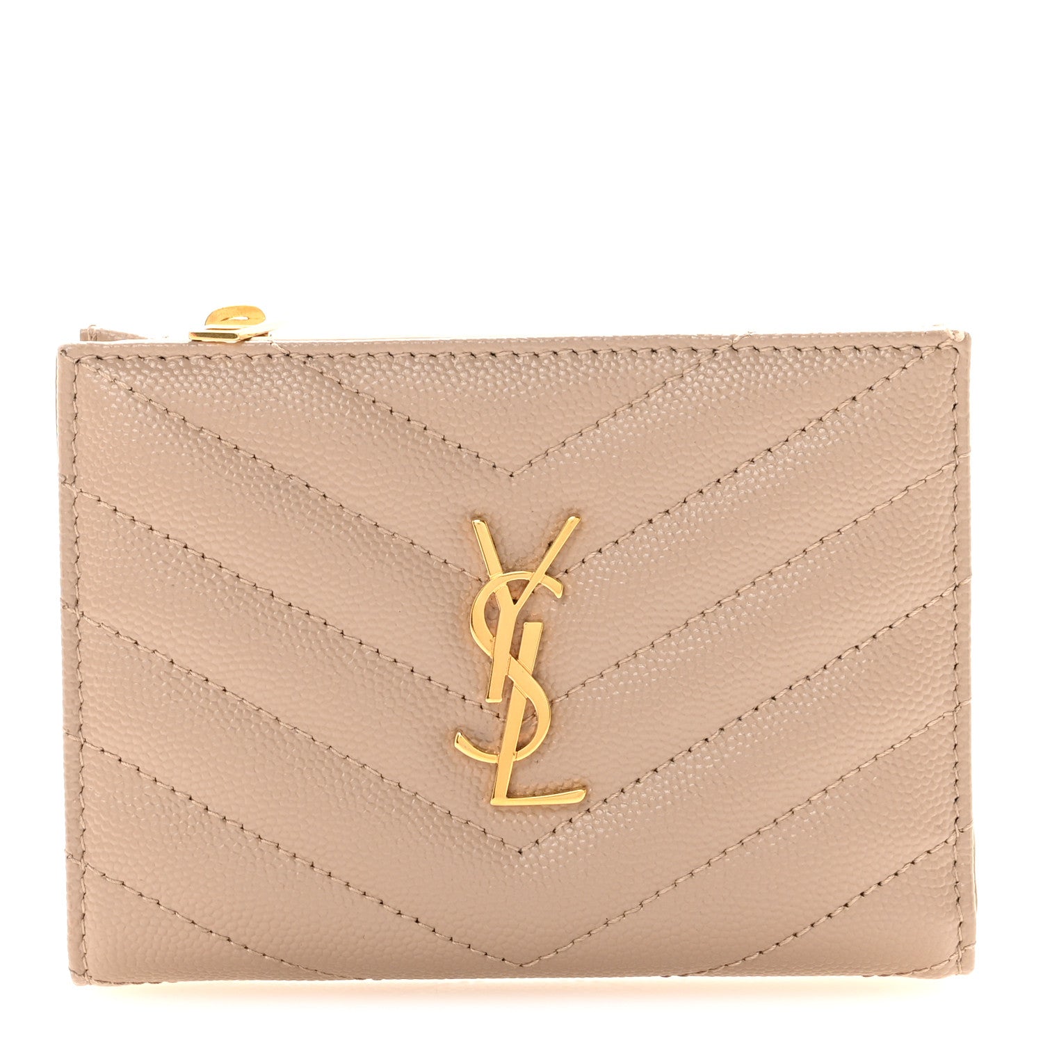 Saint Laurent Grain De Poudre Matelasse Chevron Monogram Zipped Card Case Dark Beige 1 of 7