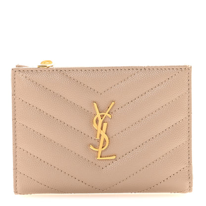 Saint Laurent Grain De Poudre Matelasse Chevron Monogram Zipped Card Case Dark Beige 1 of 7