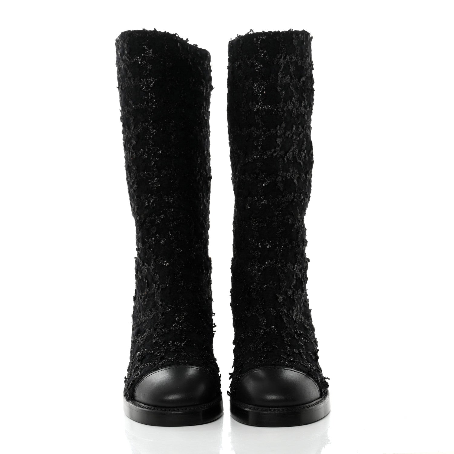 Chanel Iridescent Wool Silk Tweed Calfskin CC Cap Toe High Boots 39 Black 2 of 9