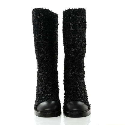 Chanel Iridescent Wool Silk Tweed Calfskin CC Cap Toe High Boots 39 Black 2 of 9