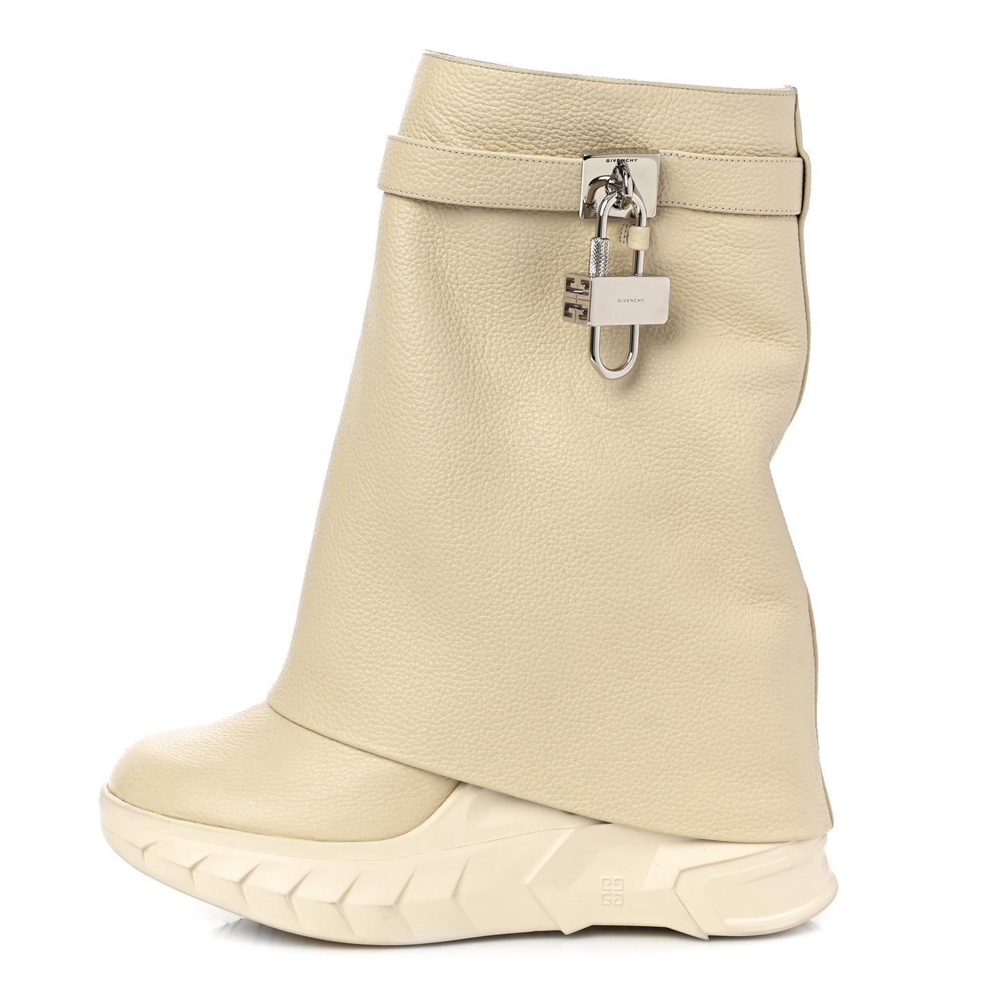 Grained Calfskin Shark Lock Biker Ankle Boots 40 Beige