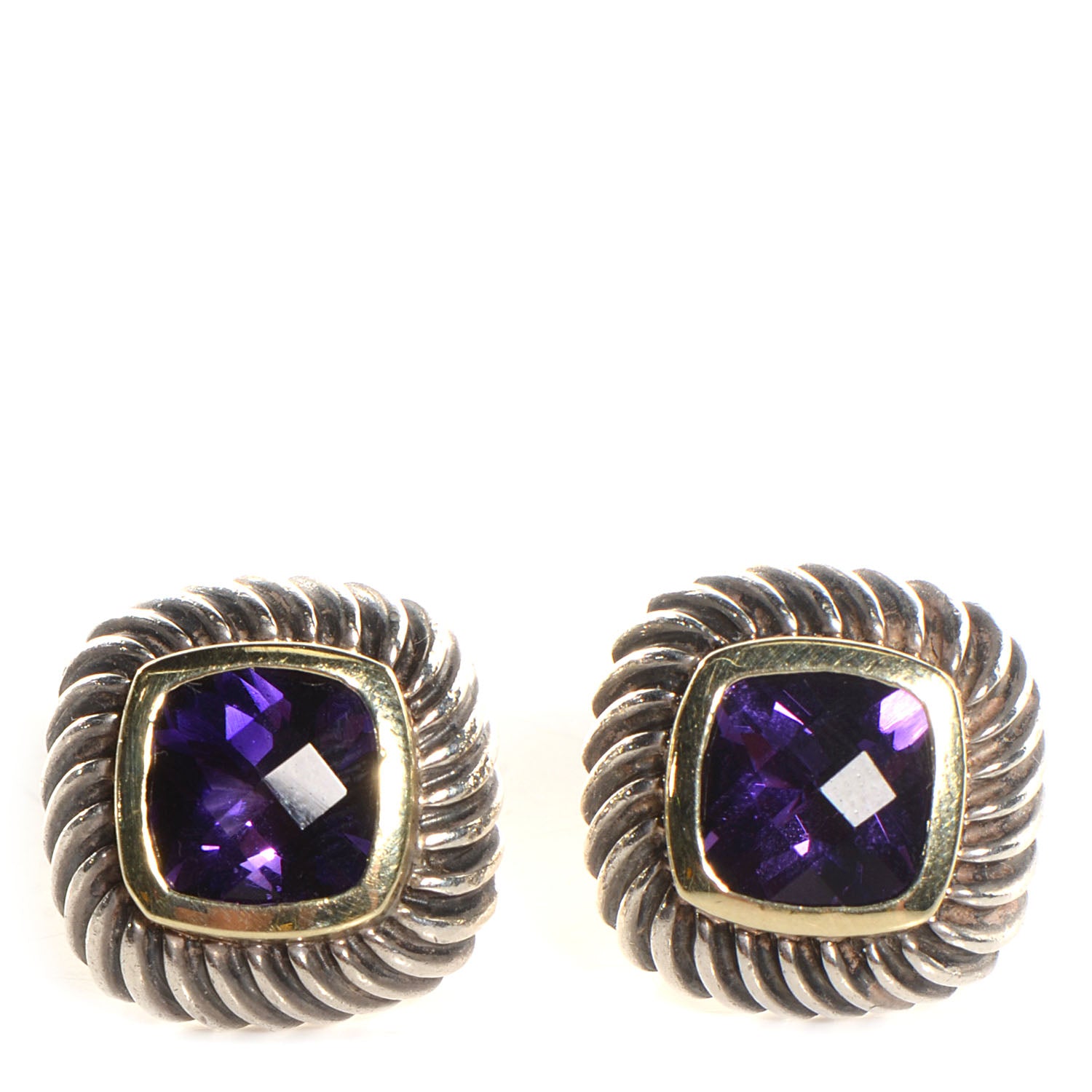 David Yurman 14k Yellow Gold Sterling Silver 7mm Amethyst Earrings 1 of 4