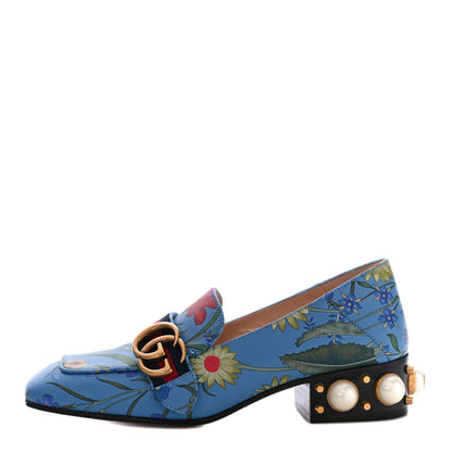 Gucci Apollo Calfskin Web Pearl New Flora Peyton 35mm Loafer Pumps 35.5 Azure 1 of 18