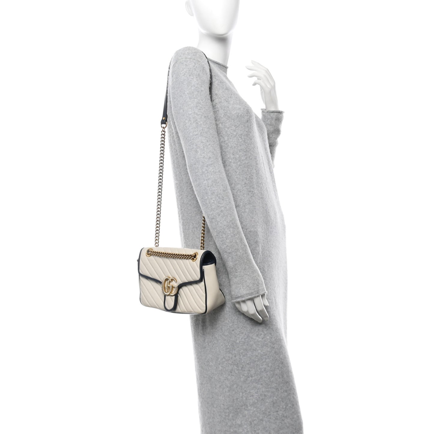 Vintage Effect Calfskin Matelasse Diagonal Small Torchon GG Marmont Shoulder Bag Mystic White Blue Agata