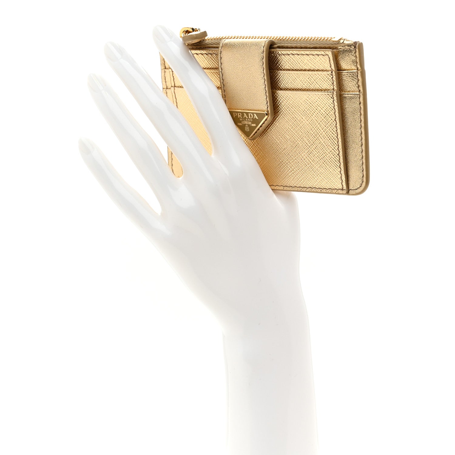 Prada Metallic Saffiano City Calf Triangle Card Holder Gold