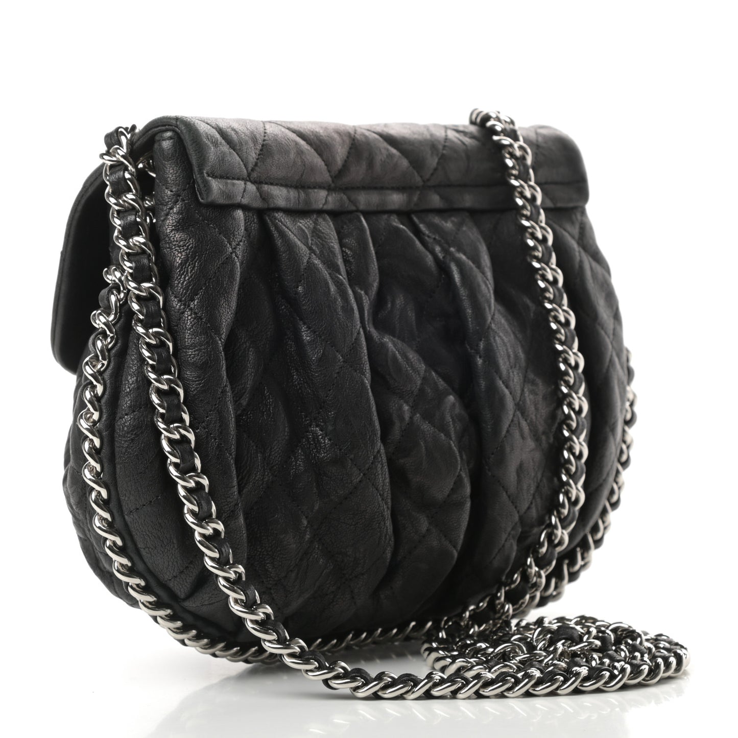 Washed Lambskin Quilted Medium Chain Around Messenger Black