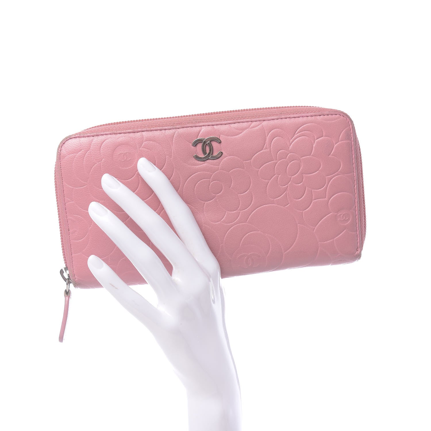 Chanel Lambskin Camellia Embossed Zip Around Large Gusset Wallet Pink 2 of 15