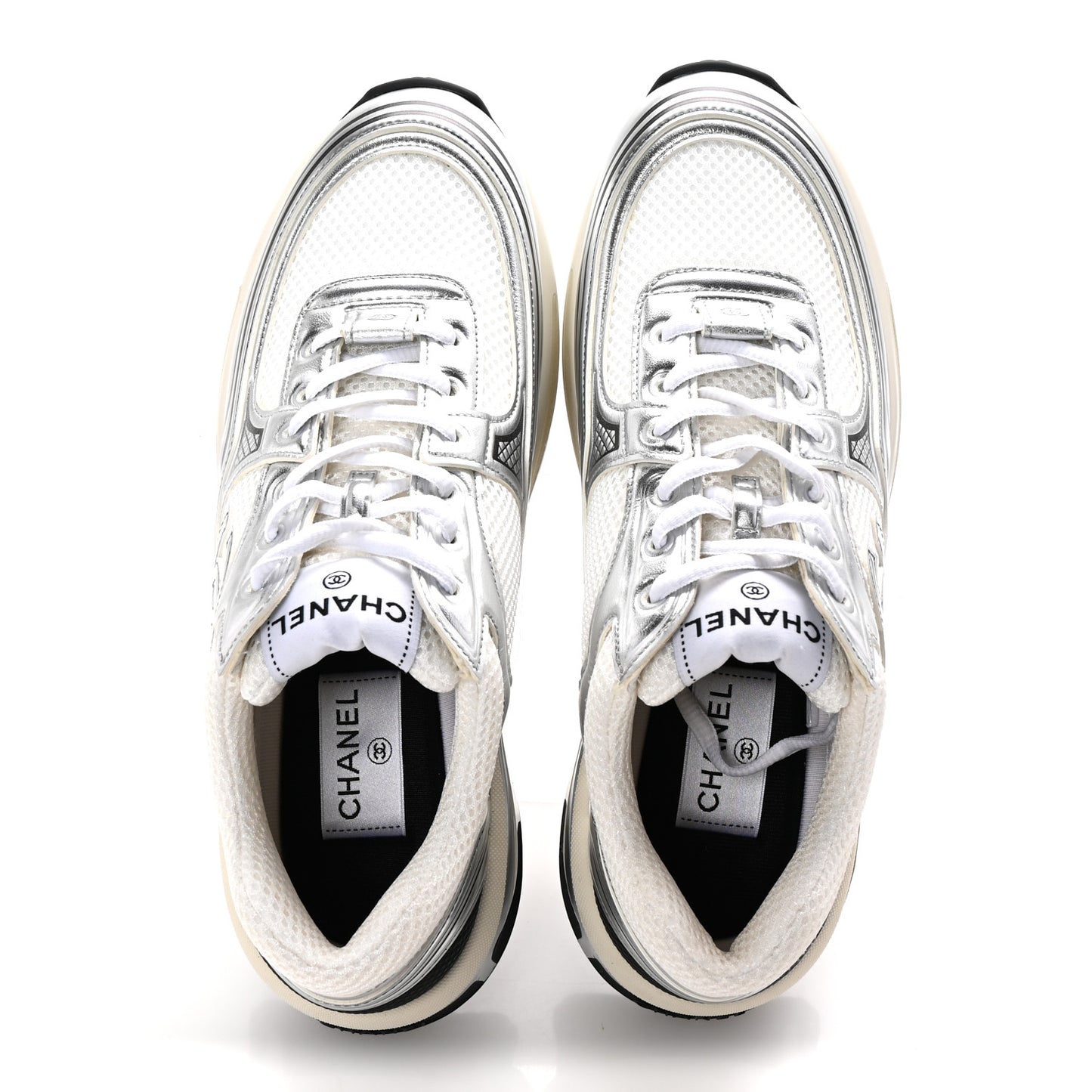 Fabric Laminated Calfskin Stretch CC Womens Sneakers 40 White Silver