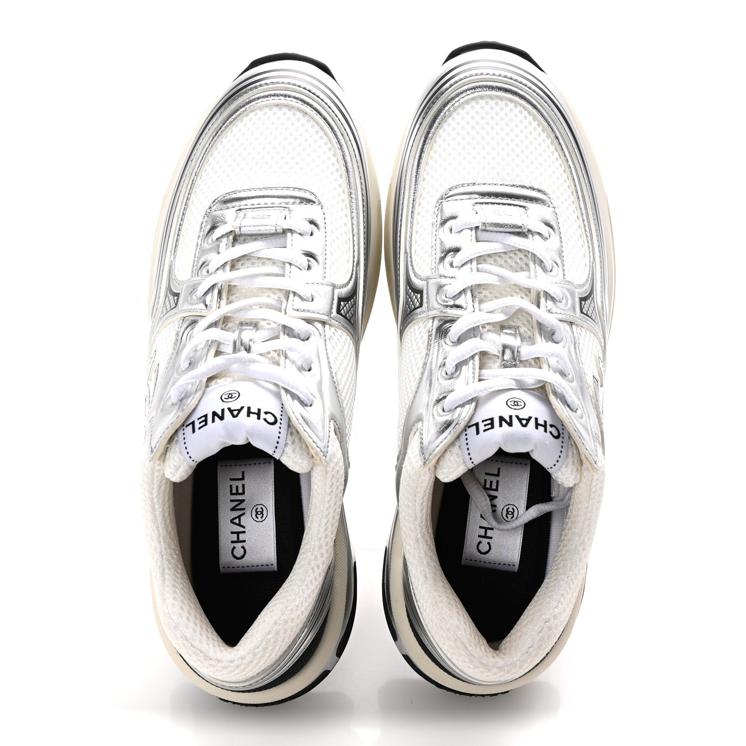 Chanel Fabric Laminated Calfskin Stretch CC Womens Sneakers 40 White Silver 2 of 10